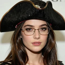portrait of a beautiful 20-year-old woman wearing glasses and a pirate hat by Mario Testino, ca. 2001, close up, detailed, award winning, Sony a7R