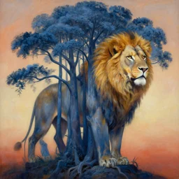 painting of lion fused into trees by zdzislaw beksinski, by lewis jones, by mattias adolfsson, cold hue's, warm tone gradient background, concept art, beautiful composition, digital painting