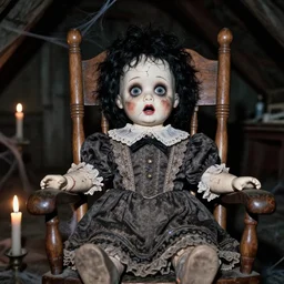 closeup old flash photo of a creepy dirty shocked scared whimsical cracked hellraiser victorian dolls with black hair sitting in a rocking chair in an old abandoned attic at night, candles, spider webs, disposable camera, guillermo del toro, hp lovecraft, wes anderson, lois van baarle, ilya kuvshinov, wes craven, greg rutkowski,