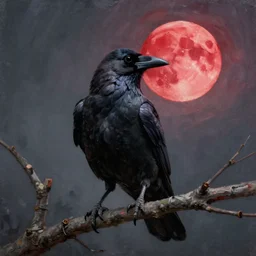 Hyper realistic oil painting of a crow sitting on a branch and looking at the red moon, hyper detailed, gloomy, moody cinematic lighting, by greg rutkowski, trending on artstation