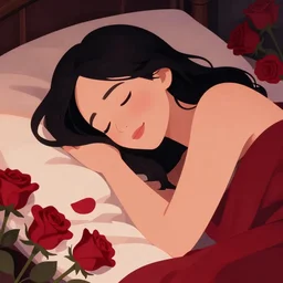 close - up shot of a relieved happy woman lying in her bed, surrounded by red roses. intricate, dark enlightenment, love, clean cel shaded vector art. shutterstock. behance hd by lois van baarle, artgerm, helen huang, by makoto shinkai and ilya kuvshinov, rossdraws, illustration, art by ilya kuv