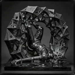 extreme harsh lighting daguerrotype of geometric surreal sculpture of a human drowning in its own water made of carved black frosted glass and silicone tubing, fractal 3 d structure, sculpted by barbara hepworth and naum gabo, high contrast shocking detail trending on artstation 8 k