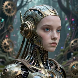 35mm portrait of an intricate and sophisticated borg with the face of young Jeri Ryan , on the background of a weird magical mechanical forest. Round gears visible inside her hear. Very detailed 8k. Fantasy cyberpunk horror. Sharp. Cinematic post-processing