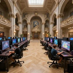 1 5 0 0 s, reinaissance, two boys playing game at a spacious gaming room with their hi - tech gaming setup, intricate, highly detailed, spacious, indoor, architecture, art by filip hodas and artgerm