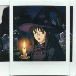 over view ( polaroid ) film still portrait of a 1 9 5 0's witch in a cemitery, closeup at the faces, finely detailed features, perfect art, candle lit, terror, gapmoe yandere grimdark, trending on pixiv fanbox, painted by greg rutkowski makoto shinkai takashi takeuchi studio ghibli, akihiko yoshida, render man