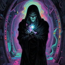 a true hero, sinking into madness, wrapped in black, clutching a hopespark cat in the drifting void hallways. Fantasy Tron sci-fi illustration, vibrant neon inks painting, by Edvard Junjiito Picasso and Gustave Dore and Carl Critchlow