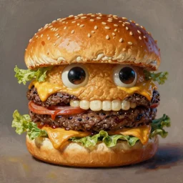 a monster with a hamburger as a head, burger with eyes, burger with teeth, character concept art, fantasy drawing, illustration, highly detailed, hyperrealistic, cgsociety, artstation, oil painting by greg rutkowski