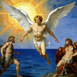 Ripped Physique Tragic Portrait of Icarus the Roman Demigod Son of Dedalus wearing wax wings flying too close sun falling towards the cruel blue sea. norman rockwell guillem h. poniluppi howard pyle Ilya Repin Michelangelo Buonarotti Leonardo Da Vinci rodin greg rutkowski james gurney. tombow masterpiece fresco watercolor grisaille Trompe-lœil
