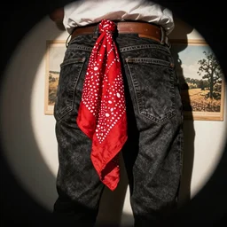 “red bandana hanky hanging out of the back of black jeans, fisheye lens album artwork, vintage nostalgic photo”