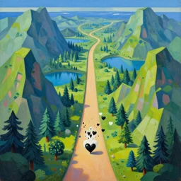 a collision of exploding black hearts and white hearts in surreal form of an endless lonely long and winding path through an isometric fantasy forested mountains and lakes landscape, vivid vibrant geometric art nouveau. trending on pixiv and artstation. an absurdly detailed oil painting