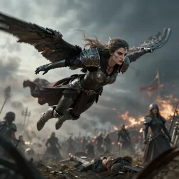 a sinister looking valkyrie flying over the battlefield and choosing the death, dynamic lighting, ray tracing, tom bagshaw, donata giancola, mary jane ansell, atmosphere, realism, octane render, dof, hyperdetailed,