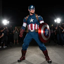 chris hemsworth cosplaying as captain america, dragoncon, flash photography, wide angle, no helmet