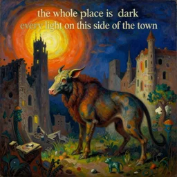 bright dramatic lighting colorful surrealist symbolist oil painting titled'the whole place is dark every light on this side of the town ', magical realism symbolist, ruined city landscape with hybrid animal protagonist, painted by arnold bocklin and odilon redon and max ernst, shocking detail trending on artstation 8 k