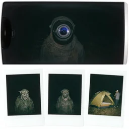 trailcam footage with flash, paranormal entity, polaroid photos, strange creatures, people in a tent, no sun