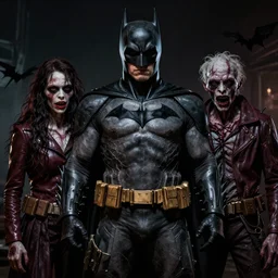 The Batman Who Laughs and His Two Robin Zombie Demonic Mutants , hyperrealistic, octane render, HDR, Yasushi Nirasawa Style