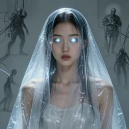 portrait of a beautiful asian woman, draped in transparent plastic cloth, plastic, glowing eyes, flat background, masterpiece, soft lightning glowing, wires everywhere, by edgar maxence and ross tran, zdzisław beksinski, and michael whelan, distant, gustav dore, h. r. giger, 8 k, octane render