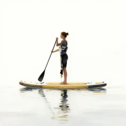beautiful serene person on a paddle board sup, healing through motion, life, minimalistic golden and ink airbrush painting on white background