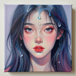 sweet dreams, front female face, painting on canvas, watedrops, water droplets, acrylic painting, acrylic pouring, painting, influencer, artstation - h 8 0 0