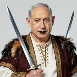 insanely detailed portrait of benjamin netanyahu, oriental clothing, feathers, laces, holding sword, black lipstick, colorful striped background, rich colors, vibrant colors, outlines, vibrant color palette, confident look, by yoshitaka amano