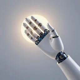 a robotic hand reaches from off frame: an arm and raised hand covering the sun setting over a desert littered with rusty robotic bodies, book cover art, 'sea of rust'