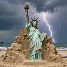 a 3 d sand sculpture of the statue of liberty, 8 k photograph, high - resolution, dramatic lightning, near a coastline, low shot, cinematic