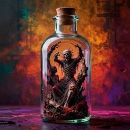 the hell and the purgatory trapped inside a glass bottle, grunge background, vivid colors, dramatic, 8k high quality render, cinematic