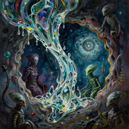 a hype realistic surreal painting of sorcery that is igniting melting glass flowing through a hole to another twilight zone dimension, magic the gathering, dishonored 2, aliens by giger, painted by greg rutkowski, masterpiece, 4 k, 8 k, beautiful lighting, epic