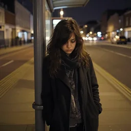 an emo girl at a british bus stop in 2006, night time, amateur photograph