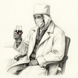 detailed ink pencil illustration of a plague doctor sitting in a restaurant with a glass of wine