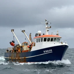 uk registered fishing trawler, fishing boat, commercial fishing hyper realistic, very accurate, stormy seas