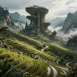an intricate concept art of alien building rice terraces in the mountains, artstation, photorealistic movie still, sci - fi, hyper realistic, concept art, art by dylan cole, feng zhu, artgerm, greg rutkowski, cinematic lighting, octane render