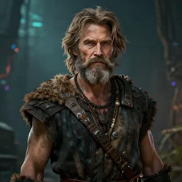 willem dafoe with a beard and in a primitive costume, style artstation, style greg rutkowsk, octane render, unreal engine 6, epic game graphics, fantasy, ciberpunk, conceptual art, ray tracing