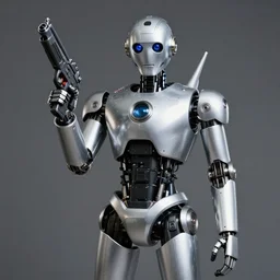 the full figure portrait of silver robot from the day the earth stood still. holding sci - fi gun. hyper realistic, uhd, detailed nikon d 8 5 0. sigma 8 5 mm f 1. 4 dg hsm a. aperture f / 3. 5. shutter speed 1 / 6 0. iso 1 6 0 0