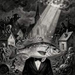 a fish in a tuxedo, innsmouth, wanderer, fishpeople, fishing town, church, night, dramatic light, lovecraft, drawing by gustave dore