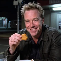 gus fring smiling and holding a chicken nugget, security camera night footage, infrared