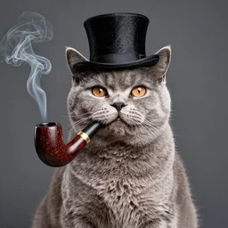 british shorthair cat wearing a top hat and smoking a pipe, animal photography, award winning, photography, portrait