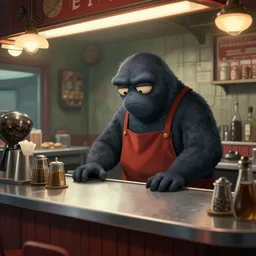 epic professional digital art of the Babadook as a depressed barista behind he counter of an old dingy brutalist diner, best on artstation, cgsociety, wlop, Behance, pixiv, astonishing, impressive, outstanding, epic, cinematic, stunning, gorgeous, concept artwork, much detail, much wow, masterpiece.