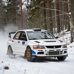 a 2 0 0 4 mitsubishi lancer evolution viii mr, racing through a rally stage in a snowy forest