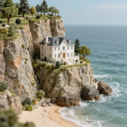 a miniature diorama of a cliffside mansion overlooking a small beach
