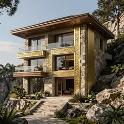 contemporary cliffside villa, made of stone and intricate gold details