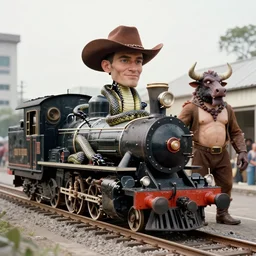 ' uncle aloysius'portrait of cybernetic anthropomorphic steam train railway engine cowboy snake grape juice caveman hydra bull oil marionette |'snake oil'|'uncle aloysius'| 3 5 mm film, 8 k, 1 0 8 0 p