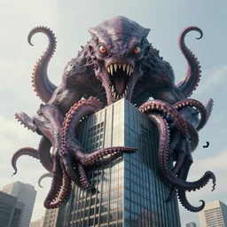 A very giant Kraken-like multi-eyed monster jumped up with its jaws on a high-rise office building and wrapped his tentacles all around him. High detail, front view, hyperrealism, concept art, zoom, 8k