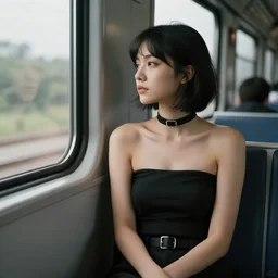 an Italian girl with short black hair a chocker and black clothes without make-up is sitting on the train waiting, leaning on the train window and looking outside, professional photography NIKON Artstation realistic portrait
