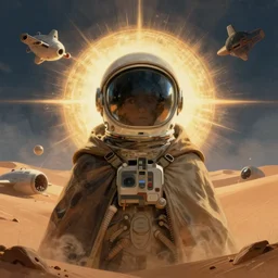 a centered illustration of a person with a cloak with an astronaut vintage helmet, space ship rotten, volumetric, desert, emotional, sci fi, awesome scheme, art by jean giraud and moebius