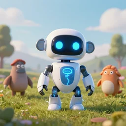 wide - shot of adorable electric cute robot ram!! in a field!!, glowing blue diods, electricity, greg simkins, jean luc, android jones, rutkowsky, matte painting, steam lighting, render, hyperrealistic, highly detailed, accurate