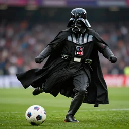 professional shot from a game of soccer with darth vader kicking the ball, highly detailed, extremely high quality, hd, 4 k, 8 k, canon 3 0 0 mm, professional photographer, 4 0 mp, lifelike, top - rated, award winning, realistic, detailed lighting, detailed shadows, sharp, no blur, edited, corrected, trending