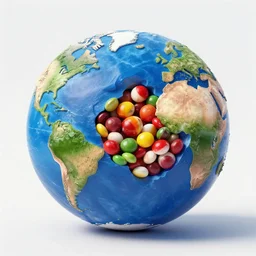 a cross section of the Earth but the core is filled with Skittles, hyper realism, detailed, simple background