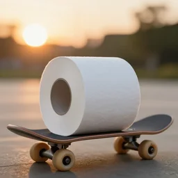 a roll of toilet paper on a skateboard, sunset