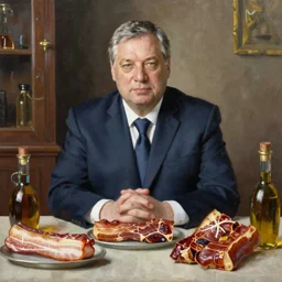 portrait of viktor orban proudly sitting behind a table full of bacon, oil painting