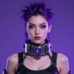 a digital artwork of woman wearing technological large steel collar, choker on neck, purple cyberpunk art style, 4K, portrait, punk hairstyle,